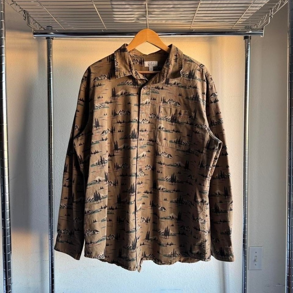 Croft & Barrow Brown Painted Mountain and Forrest Trees Long Sleeve Button Up